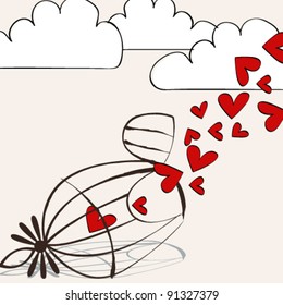 Vector cute, hand drawn style romantic illustration with hearts flying out of a cage