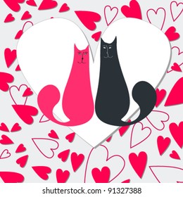 Vector cute hand drawn style romantic background with cats in love