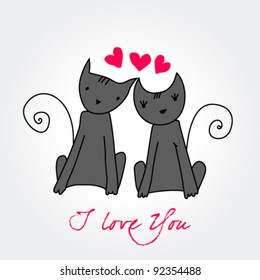 Vector cute hand drawn style romantic background with cats in love