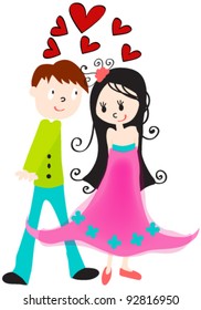 Vector cute, hand drawn style illustration of a boy and a girl in love