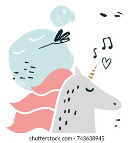 Vector cute hand drawn unicorn. Poster, label, postcard, sticker, print, elements for design and other.