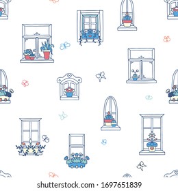 Vector Cute Hand Drawn Window with Florals seamless pattern background.