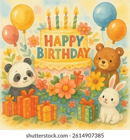 vector cute happy birthday cake watercolor illustration