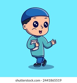 Vector cute happy boy with Quran vector icon illustration. Ramadan mascot cartoon character.	Flat Cartoon Style