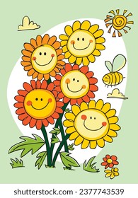 Vector cute happy cheeky daisy flowers portrait with bee and sun illustration. Perfect for greeting cards.