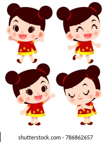 Vector cute happy Chinese girl character in different actions  isolated on white background.