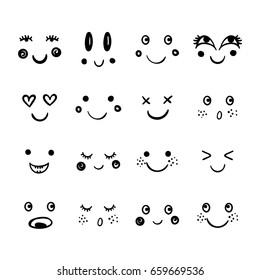 Vector cute happy faces. Doodle cartoon emotion, smile