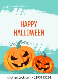 Vector cute Happy Halloween design template. Hand drawn colorful vector illustration. Craft stamp style. Halloween or Pumpkin Patch background.