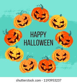 Vector cute Happy Halloween design template. Hand drawn colorful vector illustration. Craft stamp style. Halloween or Pumpkin Patch background.