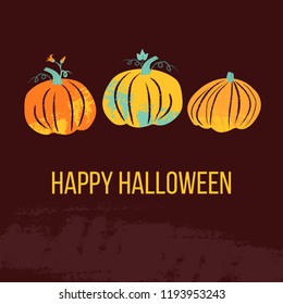 Vector cute Happy Halloween design template. Hand drawn colorful vector illustration. Craft stamp style. Halloween or Pumpkin Patch background.