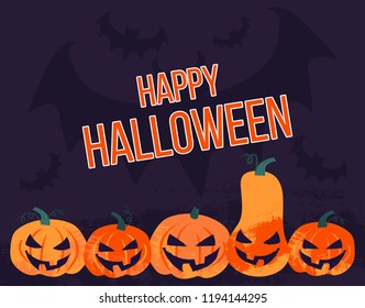 Vector cute Happy Halloween design template with pumpkin and bat on dark background. Hand drawn colorful vector illustration. Craft stamp style.