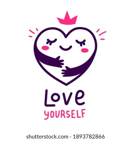 Vector cute happy heart character with hands hugging self on white background, world heart day