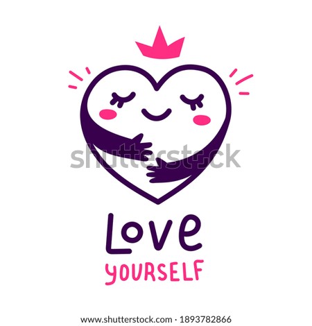 Vector cute happy heart character with hands hugging self on white background, world heart day