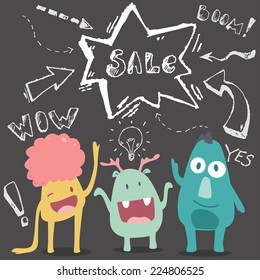Vector cute happy monsters with bubble sale text on black chalk board