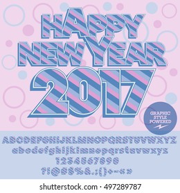 Vector cute Happy New Year 2017 greeting card with set of letters, symbols and numbers. File contains graphic styles