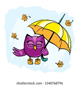 Vector cute happy purple owl in rubber boots with yellow umbrella under leaf fall in Autumn on blue background