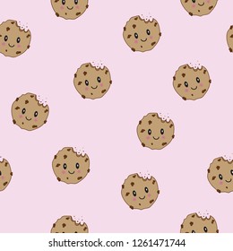 Vector Cute happy smiling chocolate chip cookies.seamless pattern background. Vector flat cartoon iluustration icon design. Isolated on pink background. Freshly baked choco cookies concept