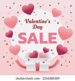 Vector cute Happy Valentine's Day Sale background with confetti, pink, red hearts floating from gift box for holiday promotion, online shopping banner, flyer, greeting card, love illustration concept.