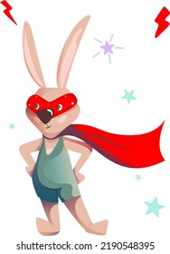 Vector cute hare in a green overalls swimsuit, red cloak, red mask is ready to save the world. Brave rabbit stands on its hind legs