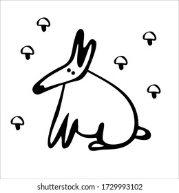 Vector cute hare, rabbit with mushrooms. Isolated on a white background in the style of deadlock. For children's stickers, coloring books, design magazines and children's art sites, walks in woods.