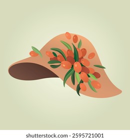 Vector cute hat illustration with sea buckthorn berries and leaves