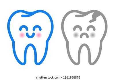 Vector cute healthy cartoon tooth and tooth decay isolated on white. Toothache