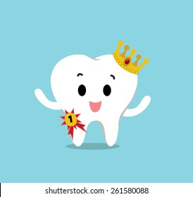 Vector of Cute healthy white teeth wearing the gold crown and winning the 1st prize for Health care