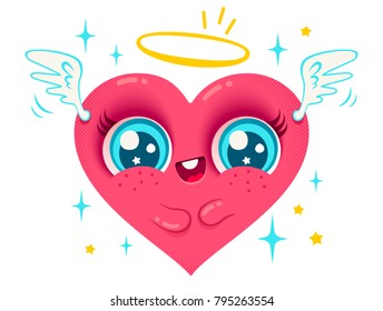 Vector cute heart with angel wings. Cute heart in kawaii style for Valentine's day.