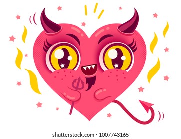 Vector cute heart with devil horns. Cute devil heart in kawaii style for Valentine's day.
