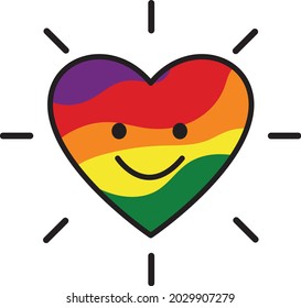Vector cute Heart shape symbol with cartoon face smile, happy feeling. Valentine's day postcard template. Wedding day decoration. Pride symbol and flag. LGBT-themed decoration.
