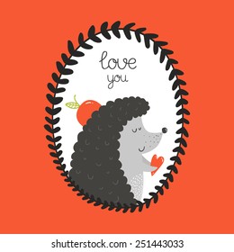 Vector cute hedgehog with apple, heart and frame. Animals love