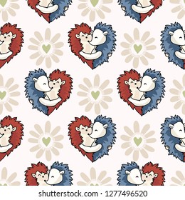 Vector cute hedgehog hug hearts. Seamless repeat pattern. Hand drawn 2 spiny animals and daisy flower for romantic valentines day, wedding or kawai anniversary celebration backdrop. Free hug concept.