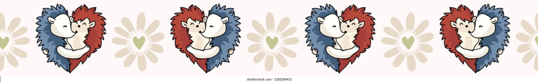 Vector cute hedgehog hug hearts. Seamless repeat border. Hand drawn 2 spiny animals, daisy flower for romantic valentines day, wedding or kawai anniversary celebration banner ribbon. Free hug concept.