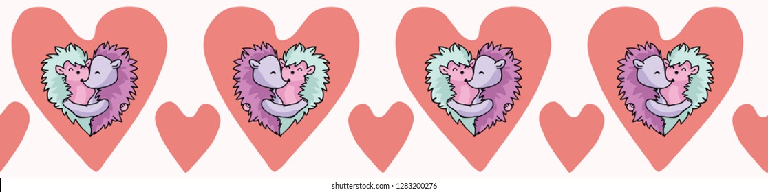 Vector cute hedgehog hug hearts. Seamless repeat border. Hand drawn 2 spiny animals inside red love heart for romantic valentines day, wedding or anniversary celebration banner. Free hug concept.