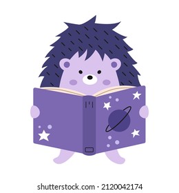 Vectorcute Igel Lesebuch. Hedgehog mit offenem Buch. Buchen Sie mit Sternen und Paneten. Rutschtier mit Buch.