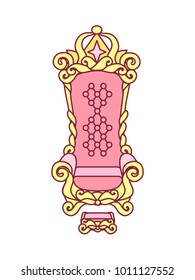 vector cute hight throne art. Royal luxury chair for queen, princess, girl. Decorative cartoon object. Golden fairytale vip seat elements.