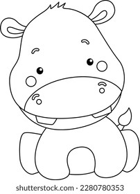 a vector of a cute hippo in black and white coloring