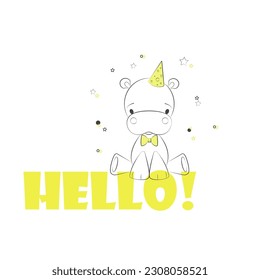 Vector Cute hippo cartoon character. Card invitation for kids. Baby hippo with big letters hello