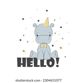 Vector Cute hippo cartoon character.Hello hippo Card invitation for kids. Baby hippo