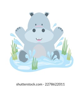 Vector cute hippo jumping into the pond with splashing of water, isolated vector hippo on white background, flat design and color, child cartoon.
