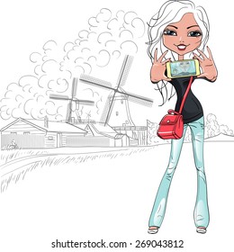 Vector Cute Hipster Girl Makes Selfie On Windmills In Amsterdam, Holland