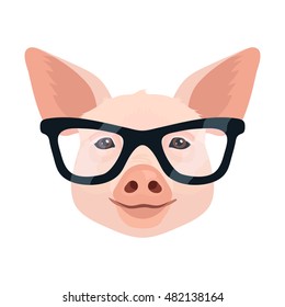 Vector cute hipster pig face isolated on white background farm animal icon zoo