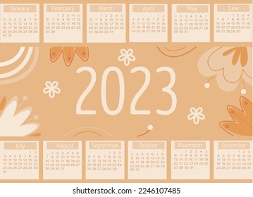 vector cute horizontal calendar 2023 year with grid and lovely flowers