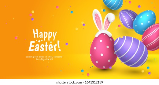Vector cute horizontal greeting banner with fur ears of bunny, realistic 3D eggs, colored paper confetti on orange background. Festive cartoon template with text Happy Easter for holiday flyer.