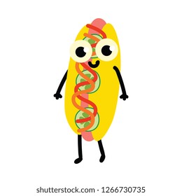 vector cute hotdog character, humanized snack with mustard, fastfood object with face, arms and legs smiling for kids restaurant menu. Isolated illustration