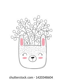 Vector cute house plant in funny rabbit pot. Poster with adorable objects on background, pastel colors. Valentine's day, anniversary, save the date, baby shower, bridal, birthday
