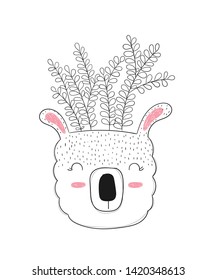 Vector cute house plant in funny lama pot. Poster with adorable objects on background, pastel colors. Valentine's day, anniversary, save the date, baby shower, bridal, birthday