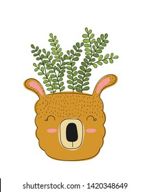 Vector cute house plant in funny lama pot. Poster with adorable objects on background, pastel colors. Valentine's day, anniversary, save the date, baby shower, bridal, birthday