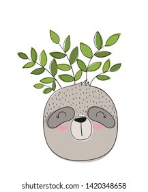 Vector cute house plant in funny sloth pot. Poster with adorable objects on background, pastel colors. Valentine's day, anniversary, save the date, baby shower, bridal, birthday