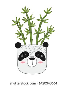 Vector cute house plant in funny panda pot. Poster with adorable objects on background, pastel colors. Valentine's day, anniversary, save the date, baby shower, bridal, birthday